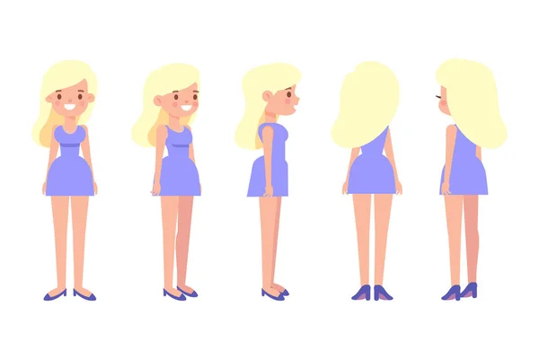 Girl Woman Front Side Back View Flat Vector Character Animation — Vector de stock