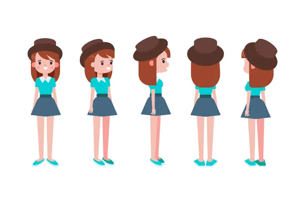 Girl Woman Front Side Back View Flat Vector Character Animation — Vetor de Stock
