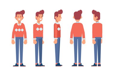 Erkek, erkek, ön, yan, arka görünüm animasyon için düz vektör karakter.