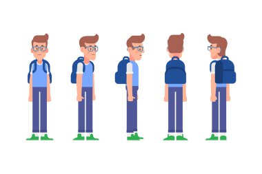 Erkek, erkek, ön, yan, arka görünüm animasyon için düz vektör karakter.