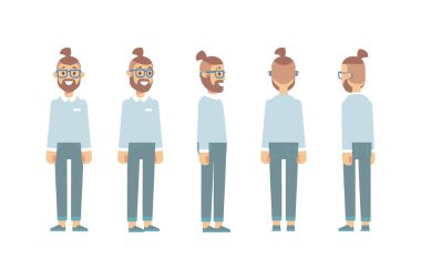 Erkek, erkek, ön, yan, arka görünüm animasyon için düz vektör karakter.