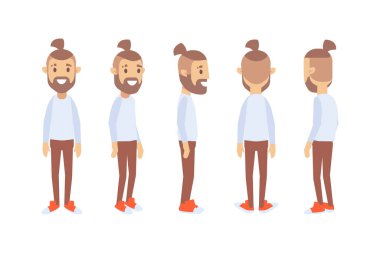 Erkek, erkek, ön, yan, arka görünüm animasyon için düz vektör karakter.