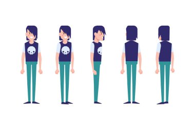 Erkek, erkek, ön, yan, arka görünüm animasyon için düz vektör karakter.