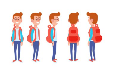 Erkek, erkek, ön, yan, arka görünüm animasyon için düz vektör karakter.