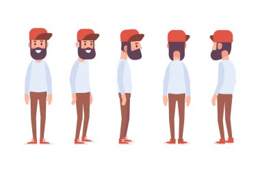 Erkek, erkek, ön, yan, arka görünüm animasyon için düz vektör karakter.