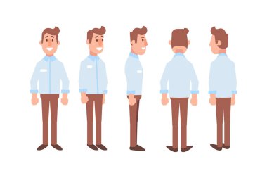 Erkek, erkek, ön, yan, arka görünüm animasyon için düz vektör karakter.