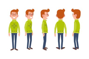 Erkek, erkek, ön, yan, arka görünüm animasyon için düz vektör karakter.