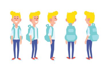 Erkek, erkek, ön, yan, arka görünüm animasyon için düz vektör karakter.