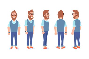 Man, male, guy  front, side, back view flat vector character for animation.