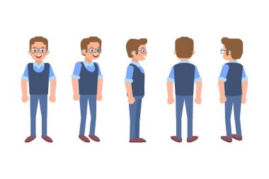 Erkek, erkek, ön, yan, arka görünüm animasyon için düz vektör karakter.