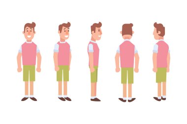 Erkek, erkek, ön, yan, arka görünüm animasyon için düz vektör karakter.