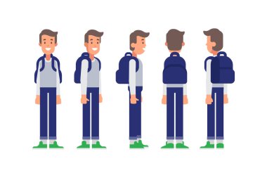 Erkek, erkek, ön, yan, arka görünüm animasyon için düz vektör karakter.