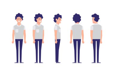 Erkek, erkek, ön, yan, arka görünüm animasyon için düz vektör karakter.