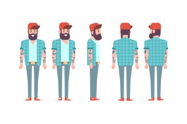 Erkek, erkek, ön, yan, arka görünüm animasyon için düz vektör karakter.