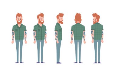 Erkek, erkek, ön, yan, arka görünüm animasyon için düz vektör karakter.