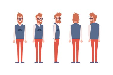 Erkek, erkek, ön, yan, arka görünüm animasyon için düz vektör karakter.