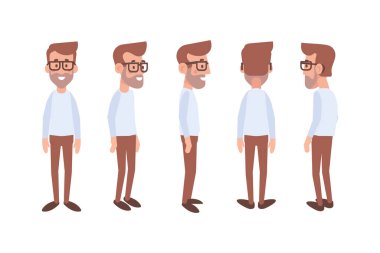 Man, male, guy  front, side, back view flat vector character for animation.