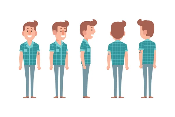 Man Male Guy Front Side Back View Flat Vector Character — Vetor de Stock