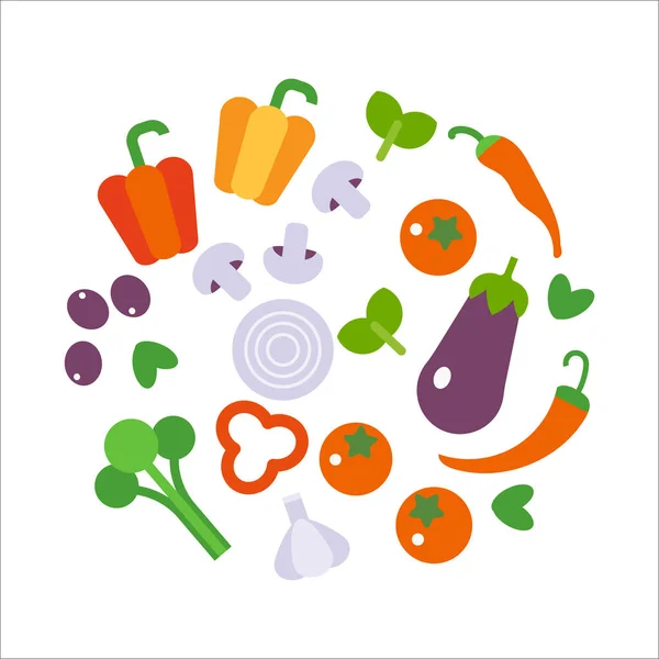 Свежие Овощи Продовольственная Плоская Иллюстрация Изолированы Белом Здоровый Образ Жизни — стоковый вектор