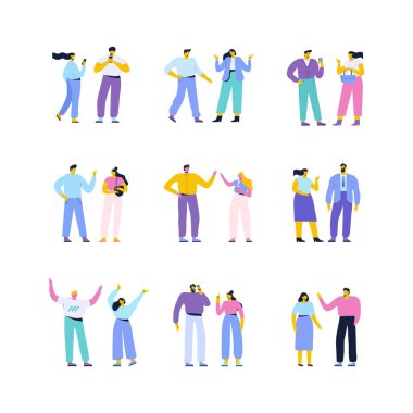 Man and woman, couple talking flat vector set