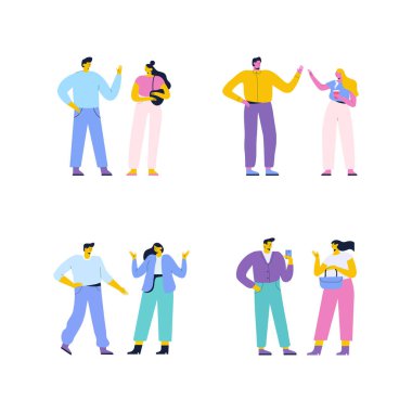 Man and woman, couple talking flat vector set
