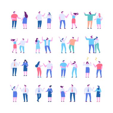 Tiny people talking flat vector illustration set