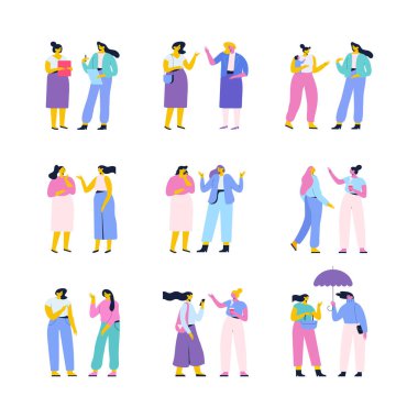 Women talking flat vector characters bundle. Dialog, speacking, discussion