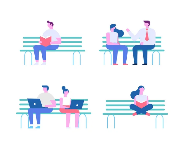 Tiny People Silhouette Sitting Bench Flat Vector Set — ストックベクタ