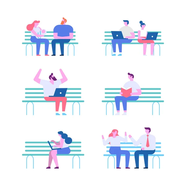 Tiny People Silhouette Sitting Bench Flat Vector Set — Archivo Imágenes Vectoriales
