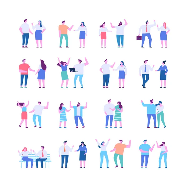 Tiny People Talking Flat Vector Illustration Set — Vetor de Stock