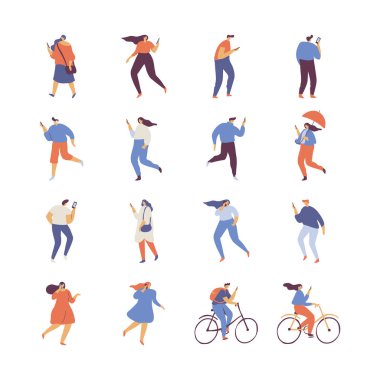 Tiny People silueti telefonu düz vektör kümesinde tutuyor