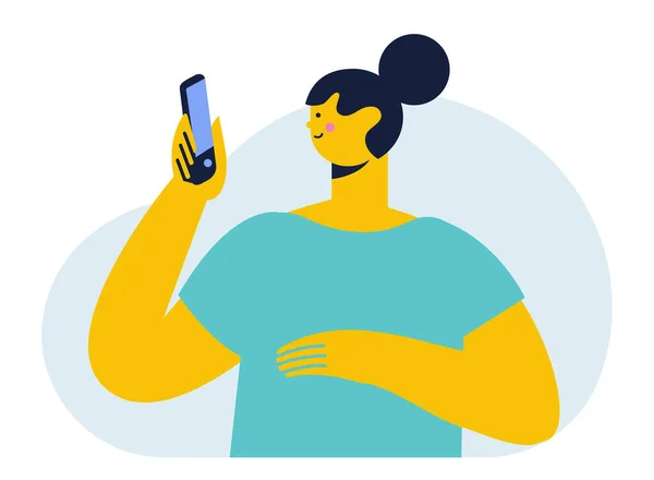 Девушка Держит Мобильный Телефон Руке Плоский Вектор Иллюстрации — стоковый вектор