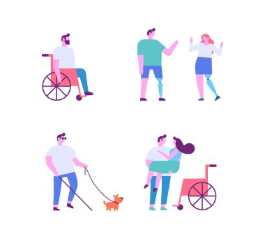 Engelli. Protezi olan kişi, tekerlekli sandalye düz vektör çizimi.