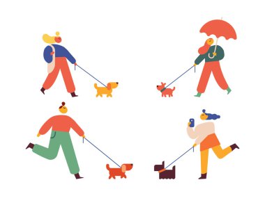 Köpek yassı vektör çizimi ile yürüyen kişi