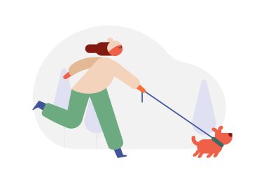 Köpek yassı vektör çizimi ile yürüyen kişi