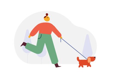 Köpek yassı vektör çizimi ile yürüyen kişi