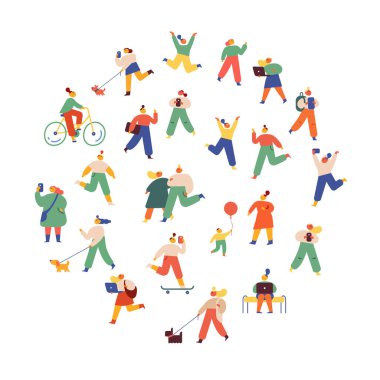 Şehir insanları. Kalabalık. Açık havada yürüyen sevimli insanlar düz vektör kümesi