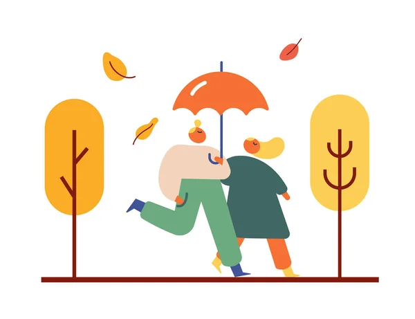 Saison Automne Chute Pluie Silhouette Personnes Avec Parapluie Vecteur Plat — Image vectorielle
