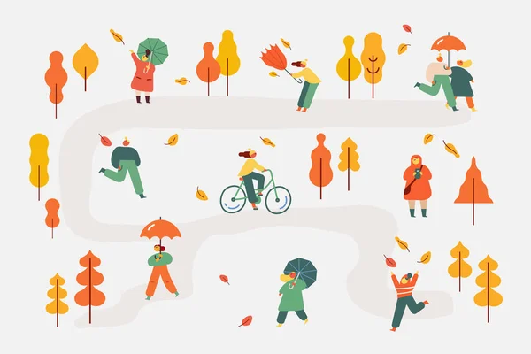 秋天公园 带有雨伞平面矢量插图的人物形象 — 图库矢量图片
