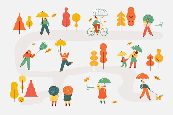 Höstparken Människor Silhuett Med Paraplyer Platt Vektor Illustration — Stock vektor