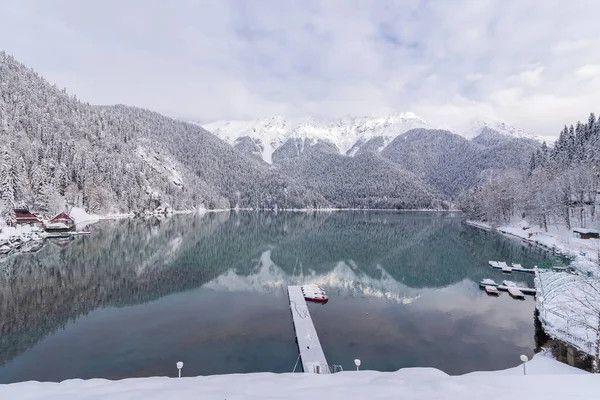 Mountaineous winter lake Ritsa in Arkhazia in winter time off-season