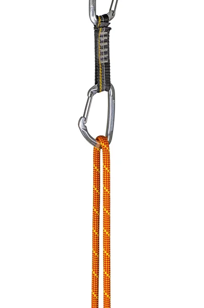 Climbing rope clipped into a quickdraw — Stock Photo, Image