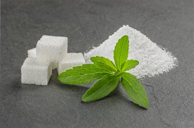 Stevia leaves with stevia powder and sugar cubes on a slate plate clipart
