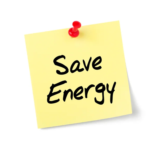 Geel papier opmerking met tekst energie besparen — Stockfoto