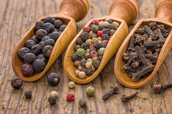 Spice scoops with juniper berries, pepper and cloves — Stock Photo, Image