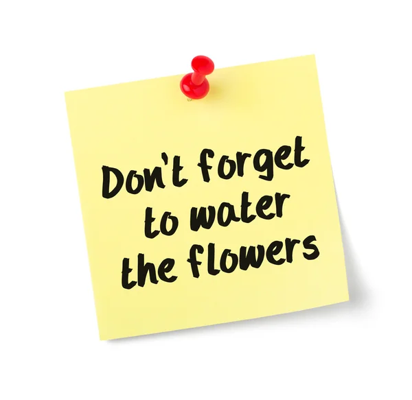 Gelbe Papiernote mit Text vergessen Sie nicht, die Blumen zu gießen — Stockfoto