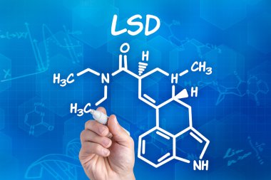 Hand with pen drawing the chemical formula of lsd clipart