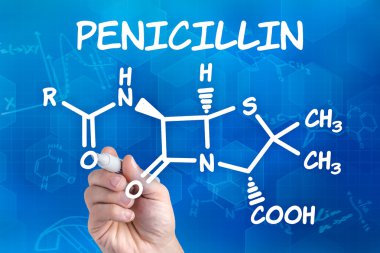 Hand with pen drawing the chemical formula of Penicillin clipart