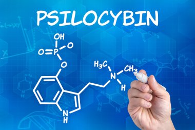 Hand with pen drawing the chemical formula of psilocybin clipart