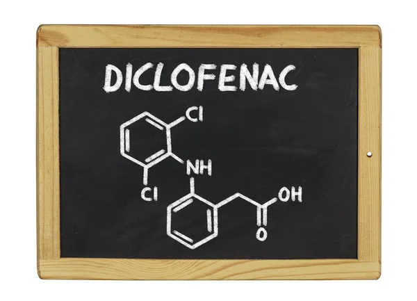 Chemical formula of diclofenac on a blackboard — Stock Photo, Image
